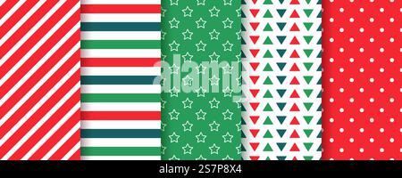 Christmas seamless pattern. Xmas background. New year prints. Set Noel textures. Red green wrapping papers.. Xmas backgrounds. Seamless noel patterns. Vector illustration. Stock Vector