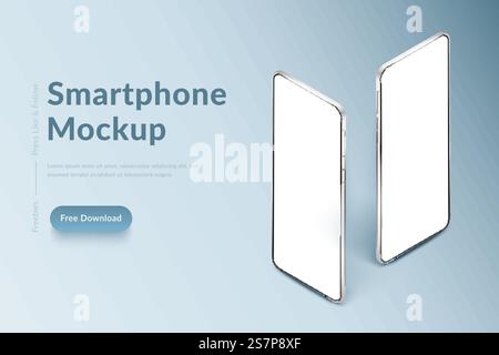Two white realistic vector smartphones mockup. 3d mobile phones with blank white screen. Modern cell phone template on light background. Two white realistic smartphones mockup. 3d mobile phones with blank white screen. Modern cell phone template on light background Stock Vector