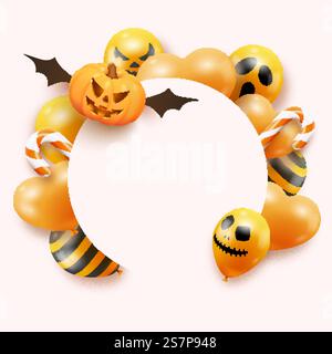 Halloween banner with flying pumpkin, candies and ghost balloons on white background. Halloween background with scary air balloons. Circle frame with place for text Holiday greeting card mock up. Halloween banner with flying pumpkin, candies and ghost balloons on white background. Halloween background with scary air balloons. Festiv circle frame with place for text Stock Vector