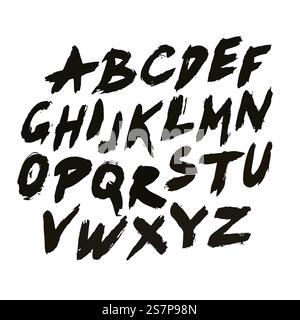Hand written font. Hand drawn sans serif type. Grunge font for your design. Painted letters with distress texture. Black alphabet on white background. Isolated vector font with brush strokes texture.. Black Grunge ABC Stock Vector