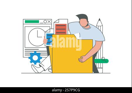 Content manager outline web concept with character scene. Man creating content, making new posts in blog. People situation in flat line design. Vector illustration for social media marketing material. Stock Vector