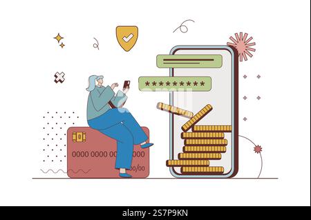 Mobile banking concept with character situation in flat design. Woman making online money transfers and secure purchase transactions using mobile app. Vector illustration with people scene for web Stock Vector