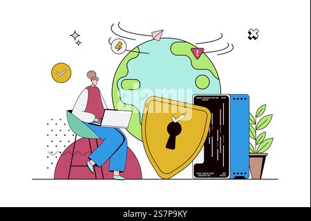 Network security concept with character situation in flat design. Woman using secure login and password protection on internet, protecting information. Vector illustration with people scene for web Stock Vector