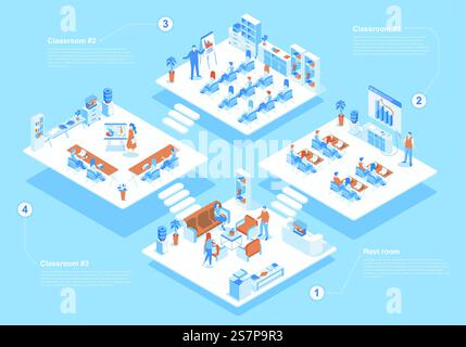 Business training concept 3d isometric web scene with infographic. People working in classrooms, team at meeting listening teacher in conference room. Vector illustration in isometry graphic design Stock Vector