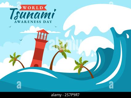 World Tsunami Awareness Day Vector Illustration on 5 November with Waves Hitting Houses and Building Landscape in Flat Cartoon Background Templates Stock Vector