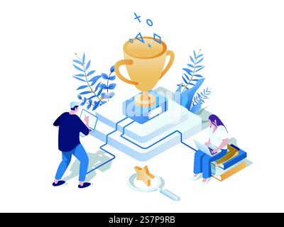 Gamification in learning concept 3d isometric web scene. People studying, achieved new level and completing challenges for winning awards and trophy cup. Vector illustration in isometry graphic design Stock Vector