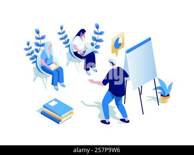 Training course concept 3d isometric web scene. People listening business coach with presentation, improve their skills and developing careers growth. Vector illustration in isometry graphic design Stock Vector