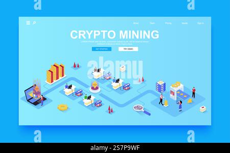 Cryptocurrency mining concept 3d isometric landing page template. People work on amining farm, monitor operation of equipment to receive bitcoins. Vector illustration in isometry graphic design Stock Vector
