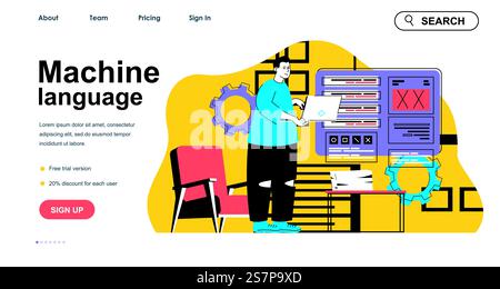 Machine language concept for landing page template. Programmer gives instruction and works on laptop. Software development people scene. Vector illustration with flat character design for web banner Stock Vector