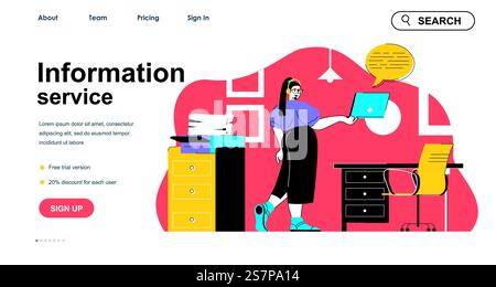 Information service concept for landing page template. Operator talks with customers and answers questions. Support center people scene. Vector illustration with flat character design for web banner Stock Vector
