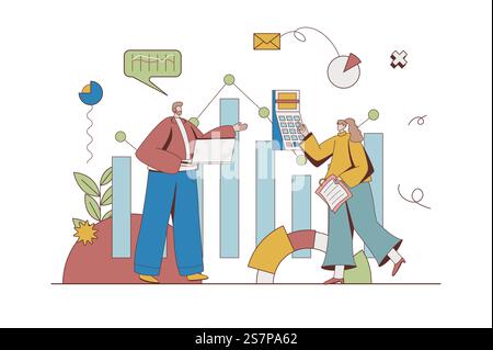 Financial management concept with character situation in flat design. Man and woman calculating and accounting of company budget, working with data. Vector illustration with people scene for web Stock Vector