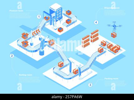 Flat automated robotic arms packing boxes on conveyor belt vector ...