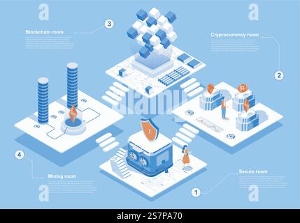 Cryptocurrency market concept 3d isometric web scene with infographic. People work and trade in abstract crypto farm, blockchain technology at platform. Vector illustration in isometry graphic design Stock Vector