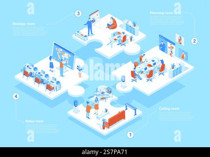 Outsourcing company concept 3d isometric web scene with infographic. People working in international company with global management and online teamwork. Vector illustration in isometry graphic design Stock Vector