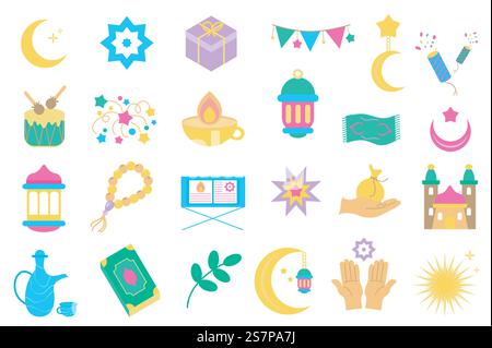 Ramadan set graphic elements in flat design. Bundle of crescent, star, garland, fireworks, drum, lantern, oil lamp, carpet, rosary, koran book, gift and other. Vector illustration isolated objects Stock Vector