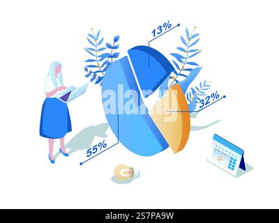 Pie chart concept 3d isometric web scene. People working with data diagram with sectors and percentages, making statistical analysis graphs for report. Vector illustration in isometry graphic design Stock Vector