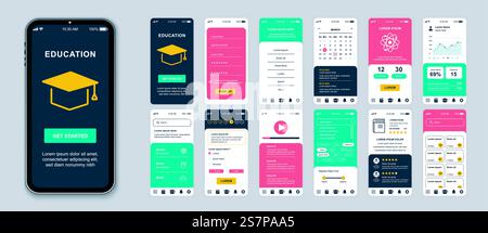 Education mobile app screens set for web templates. Pack of student login, calendar, video lessons, statistics of progress and other mockups. UI, UX, GUI user interface kit for layouts. Vector design Stock Vector