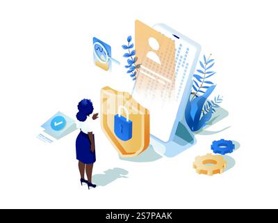 Fraud protection concept 3d isometric web scene. People protecting from hacker and internet data phishing attack, using cyber security technology. Vector illustration in isometry graphic design Stock Vector