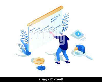 Waterfall development concept 3d isometric web scene. People creating software at IT company and using data visualization plan with steps and workflow. Vector illustration in isometry graphic design Stock Vector