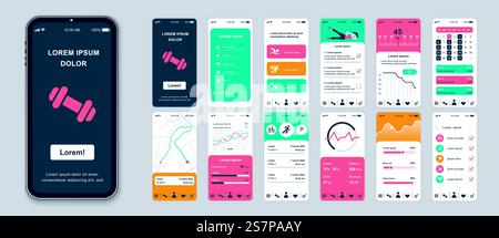 Fitness mobile app screens set for web templates. Pack of login, different trainings, progress statistics, running tracking, other mockups. UI, UX, GUI user interface kit for layouts. Vector design Stock Vector