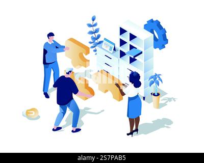 Teamwork in office concept 3d isometric web scene. People working together and collecting puzzle, doing job tasks, collaborate and support each other. Vector illustration in isometry graphic design Stock Vector
