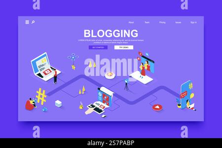 Blogging concept 3d isometric landing page template. People write articles, recording video and create different content for posts in online blog. Vector illustration in isometry graphic design. Stock Vector