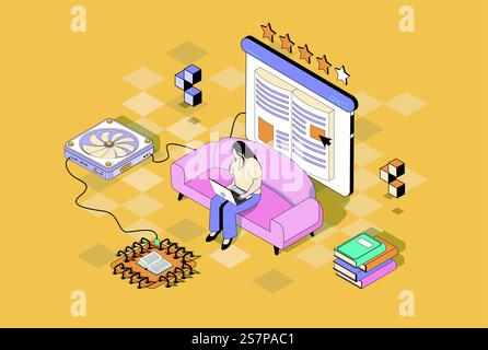 Online reading concept in 3d isometric design. Woman read e-book using laptop program, buying electronic literature at online bookstore. Vector illustration with isometry people scene for web graphic Stock Vector