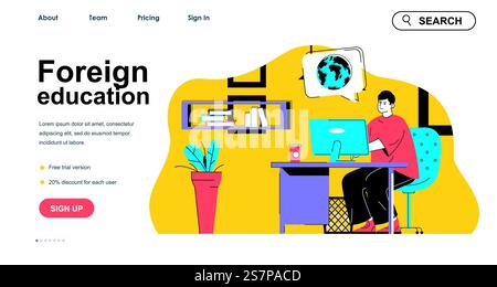 Foreign education concept for landing page template. Man studies at computer at international university. Online learning people scene. Vector illustration with flat character design for web banner Stock Vector