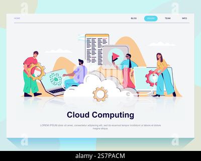 Cloud computing web concept for landing page in flat design. Man and woman working with online server, storing data, using online database. Vector illustration with people scene for website homepage Stock Vector