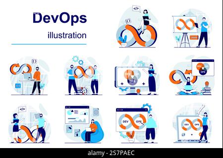 DevOps concept with character situations mega set. Bundle of scenes people working on operations process, programming software, using agile project management. Vector illustrations in flat web design Stock Vector