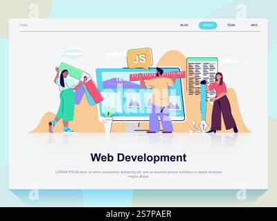 Web development concept for landing page in flat design. Man and woman working on ui application, coding, creating and optimizing layouts. Vector illustration with people scene for website homepage Stock Vector