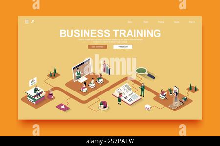 Business training concept 3d isometric landing page template. People improve qualifications and professional skills and study at conferences. Vector illustration in isometry graphic design. Stock Vector