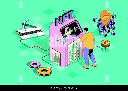 NFT token art concept in 3d isometric design. Man buying virtual paintings and electronic cryptographic artworks on online marketplaces. Vector illustration with isometry people scene for web graphic Stock Vector
