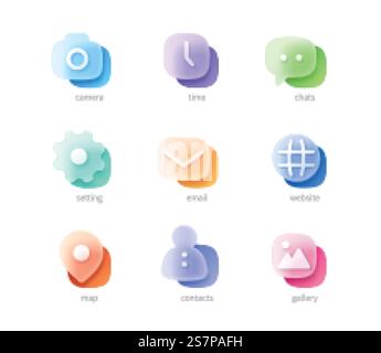 3d minimal ui icon set for website or mobile app. Glass morphism design.. 3d website or mobile app icon set Stock Vector