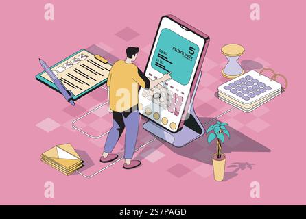 Planning concept in 3d isometric design. Man making appointment using mobile app calendar, work with task list, reminders and notes. Vector illustration with isometry people scene for web graphic Stock Vector