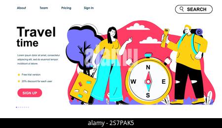 Travel time concept for landing page template. Man and woman with luggages and compass goes on trip. Vacation and tourism people scene. Vector illustration with flat character design for web banner Stock Vector
