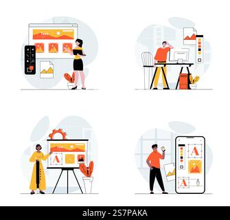Web development concept with character set. Collection of scenes people prototyping and coding web page layouts or mobile app interface, places graphic content. Vector illustrations in flat web design Stock Vector
