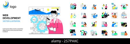 Web development concept with character situations mega set. Bundle of scenes people creating web page layout, coding and testing html code, making optimization. Vector illustrations in flat web design Stock Vector