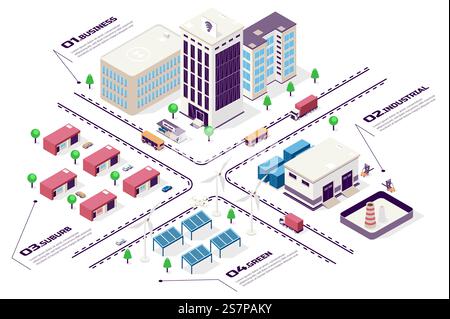 Smart city concept 3d isometric web infographic workflow process. Infrastructure map with business buildings, industrial area, green energy, suburb. Vector illustration in isometry graphic design Stock Vector