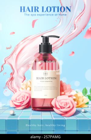 Flower scented hair lotion ad. 3D Illustration of pink dispenser bottle on blue tiled surface decorated with fresh blossom flowers and pearls. Pink liquid splashing on light blue background.. Flower scented hair lotion ad Stock Vector
