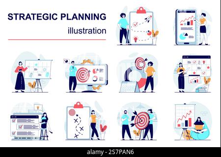 Strategic planning concept with character situations mega set. Bundle of scenes people analyze data statistics, create development plan, improving strategy. Vector illustrations in flat web design Stock Vector
