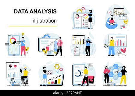 Data analysis concept with character situations mega set. Bundle of scenes people working with statistics and datum charts, making reports on presentation. Vector illustrations in flat web design Stock Vector