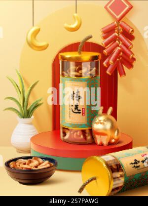 3D Firecracker jar filled with cashew on red podium with a golden rabbit figurine. 3D Cashew gift jar ad template Stock Vector