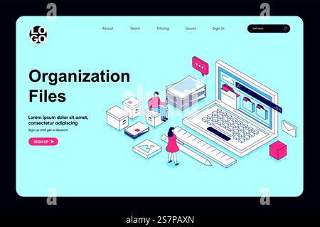 Electronic organization files concept in 3d isometric design for landing page template. People organizing files in folders on laptop, share and storage digital documents. Vector illustration for web Stock Vector
