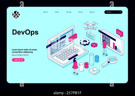 DevOps concept in 3d isometric design for landing page template. People implementing agile processes and automations on programming for creating and realising products. Vector illustration for web Stock Vector