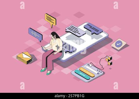 Messaging services concept in 3d isometric design. Woman using mobile app for sending emails, chatting with friends, answering messages. Vector illustration with isometry people scene for web graphic Stock Vector