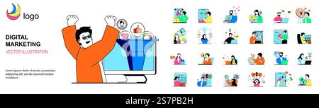 Digital marketing concept with character situations mega set. Bundle of scenes people making online promotion strategy and advertising business in social media. Vector illustrations in flat web design Stock Vector