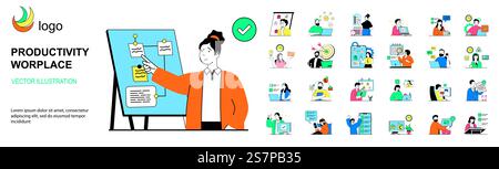 Productivity workplace concept with character situations mega set. Bundle of scenes people organizing workflow with notes and deadlines, crating to do lists. Vector illustrations in flat web design Stock Vector