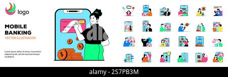 Mobile banking concept with character situations mega set. Bundle of scenes people sending money online, using secure payment, managing account in application. Vector illustrations in flat web design Stock Vector