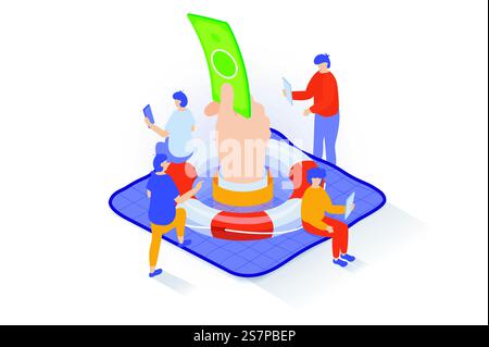 Unemployment and crisis concept in 3d isometric design. People trying saving their money with lifebuoy and keep job during layoffs period. Vector illustration with isometry scene for web graphic Stock Vector